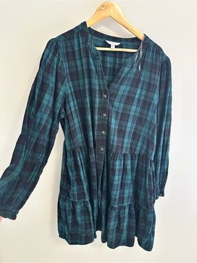Time and Tru Teal and Black Plaid Tiered Button-Front Dress